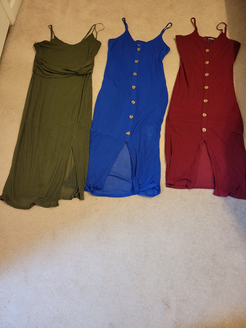 Trio of Ribbed Button-Front Midi Dresses - Olive, Royal Blue, Burgundy